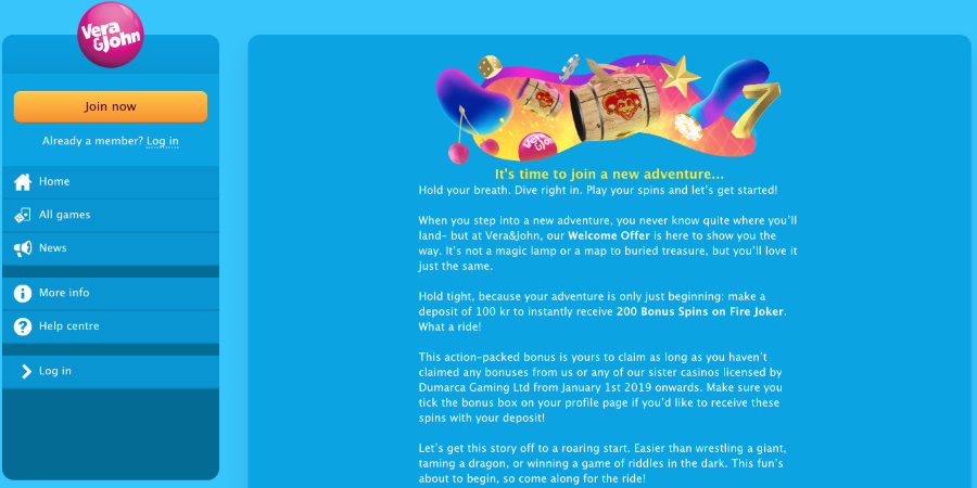 Velkomstbonus Vera John Casino Velkomstbonus