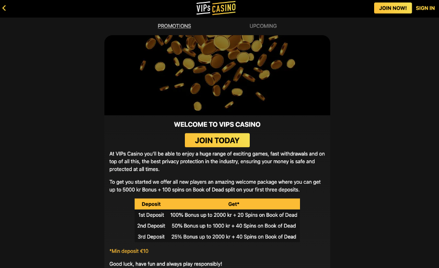 Velkomstbonus Vips Casino Velkomstbonus